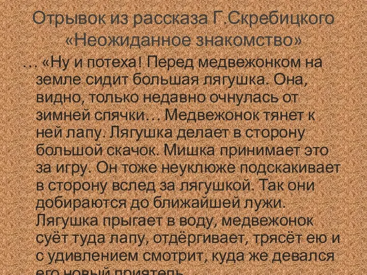 Отрывок из рассказа Г.Скребицкого «Неожиданное знакомство» … «Ну и потеха!