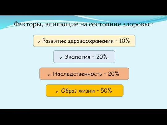 Образ жизни – 50% Наследственность – 20% Экология – 20%