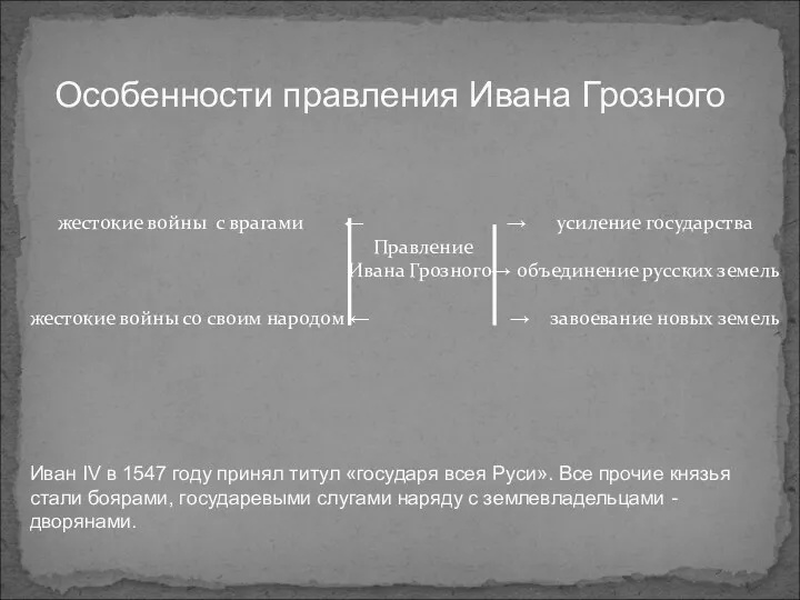 Особенности правления Ивана Грозного жестокие войны с врагами ← → усиление государства Правление