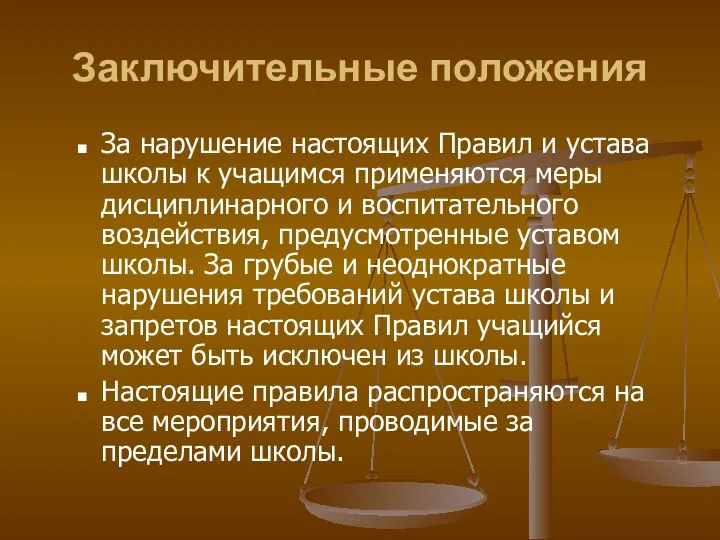 Заключительные положения За нарушение настоящих Правил и устава школы к