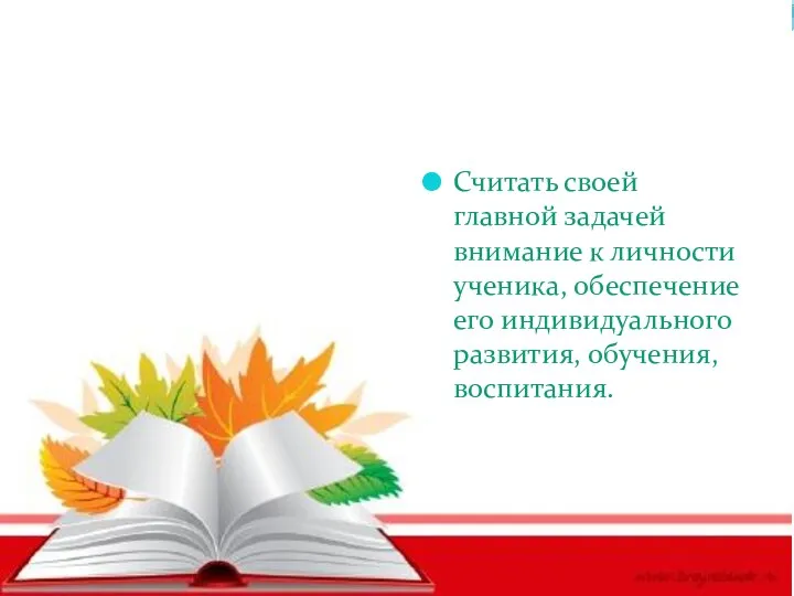 Считать своей главной задачей внимание к личности ученика, обеспечение его индивидуального развития, обучения, воспитания.