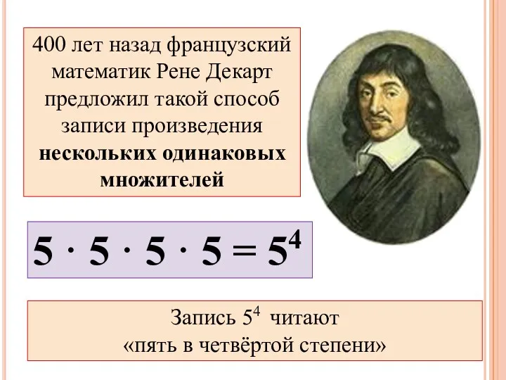 400 лет назад французский математик Рене Декарт предложил такой способ записи произведения нескольких