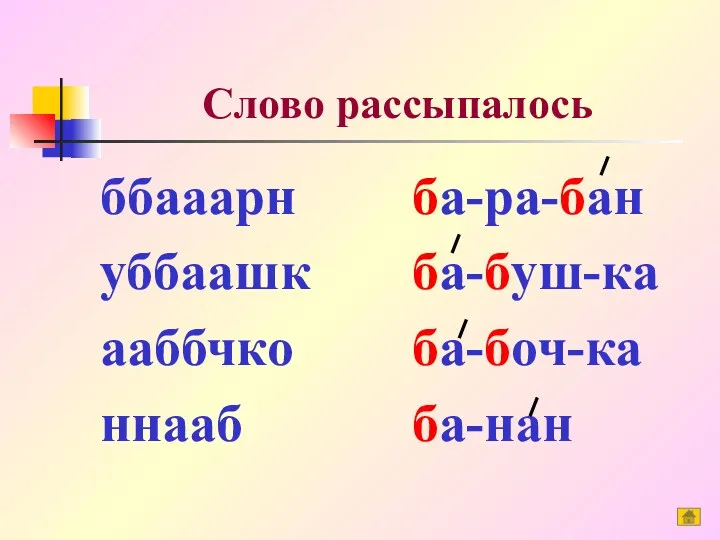 Слово рассыпалось ббааарн уббаашк ааббчко ннааб ба-ра-бан ба-буш-ка ба-боч-ка ба-нан