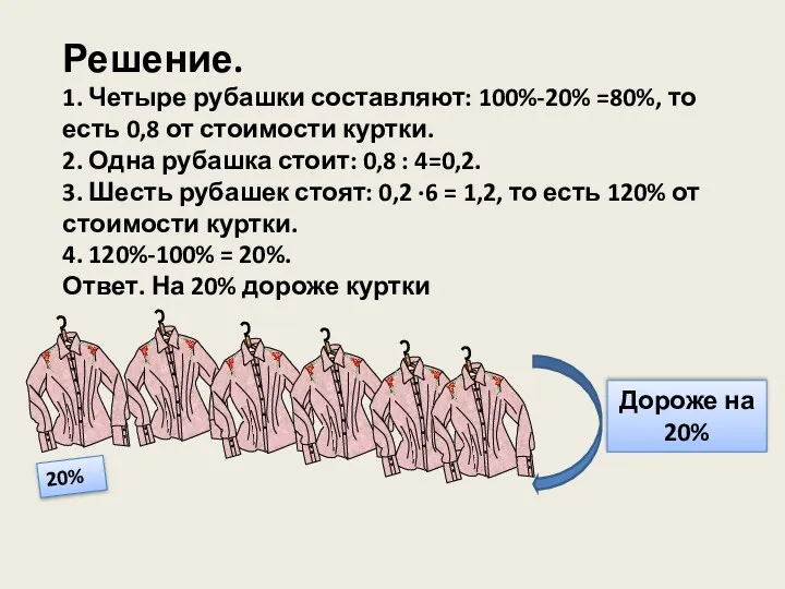 Решение. 1. Четыре рубашки составляют: 100%-20% =80%, то есть 0,8