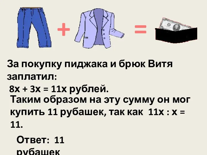 За покупку пиджака и брюк Витя заплатил: 8х + 3х