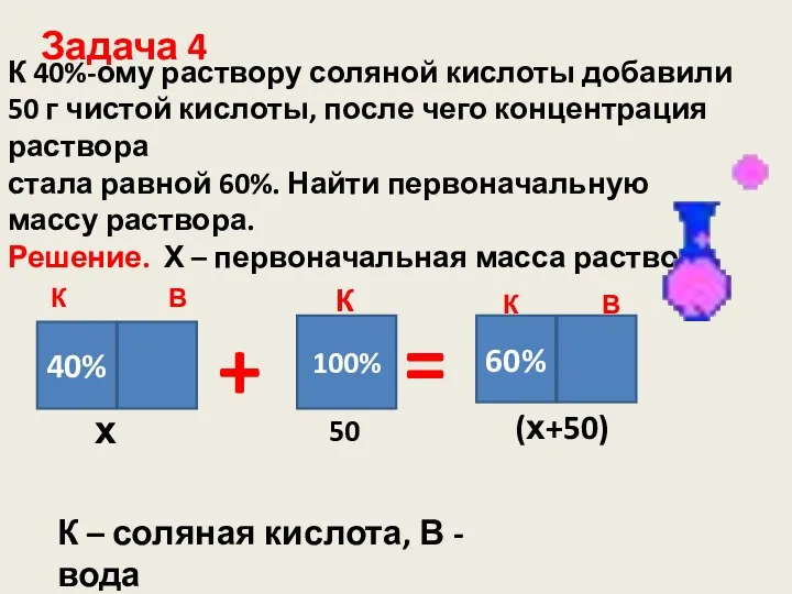 Задача 4 К 40%-ому раствору соляной кислоты добавили 50 г