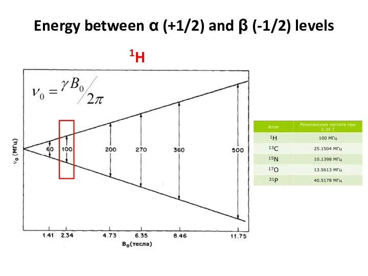 Energy between α (+1/2) and β (-1/2) levels 1H