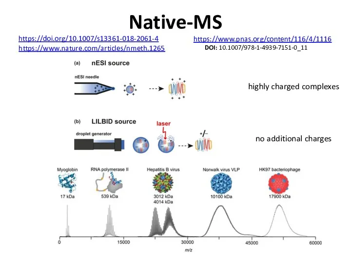 Native-MS https://doi.org/10.1007/s13361-018-2061-4 highly charged complexes no additional charges https://www.nature.com/articles/nmeth.1265 https://www.pnas.org/content/116/4/1116 DOI: 10.1007/978-1-4939-7151-0_11