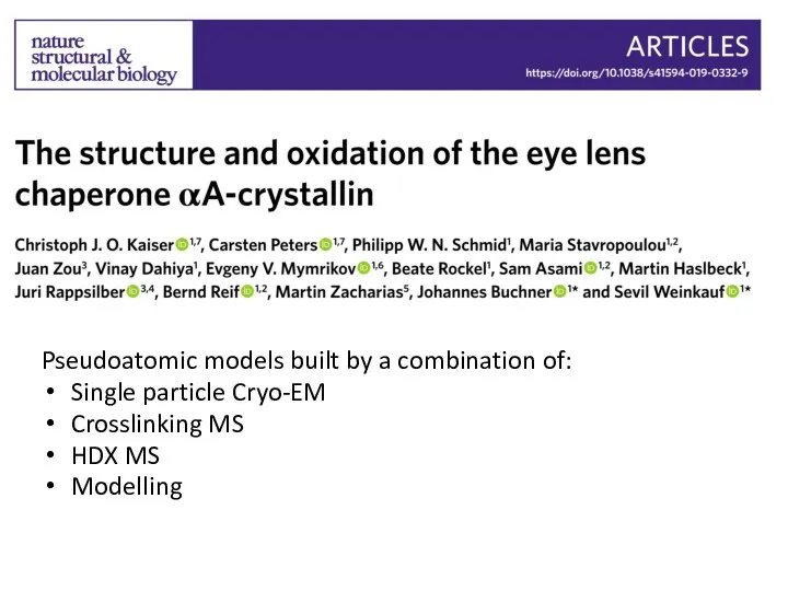 Pseudoatomic models built by a combination of: Single particle Cryo-EM Crosslinking MS HDX MS Modelling