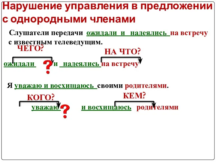 Нарушение управления в предложении с однородными членами Слушатели передачи ожидали