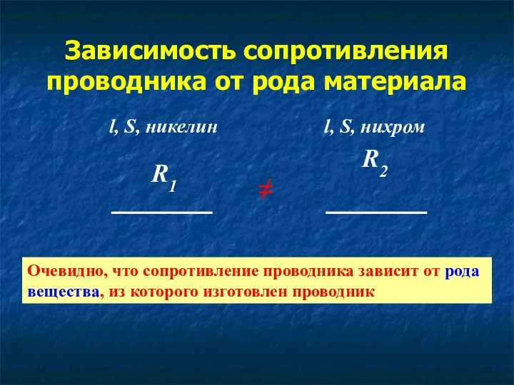 Зависимость сопротивления проводника от рода материала l, S, никелин R1