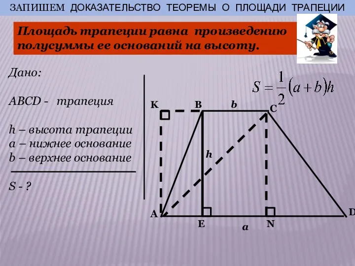 Дано: ABCD - трапеция h – высота трапеции a –