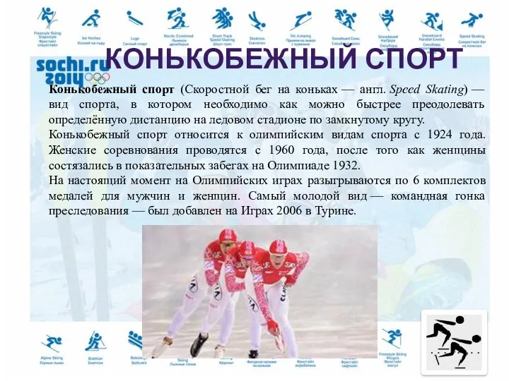 Конькобежный спорт (Скоростной бег на коньках — англ. Speed Skating)