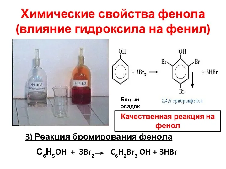 Химические свойства фенола (влияние гидроксила на фенил) 3) Реакция бромирования фенола С6Н5OH +