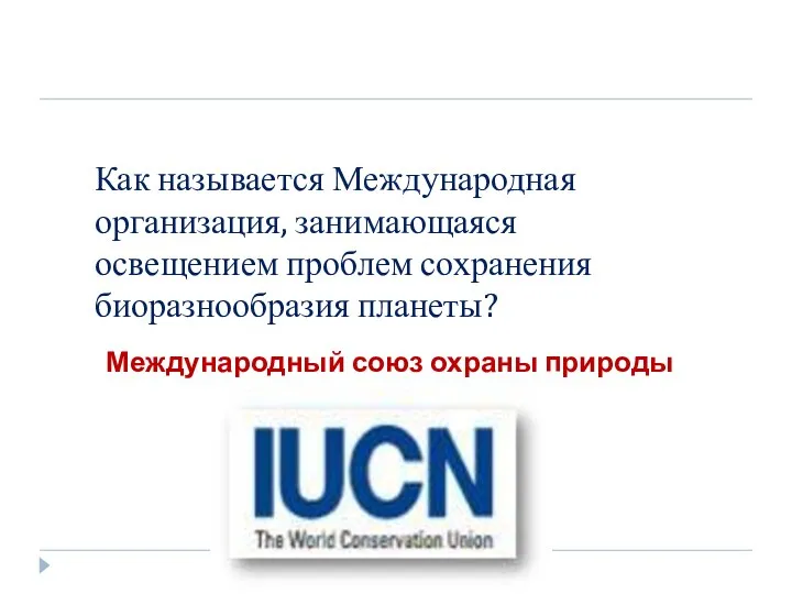 Как называется Международная организация, занимающаяся освещением проблем сохранения биоразнообразия планеты? Международный союз охраны природы