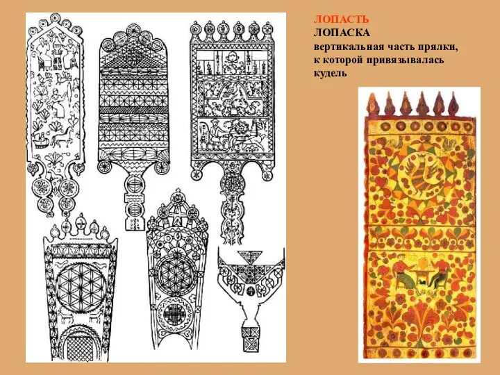 ЛОПАСТЬ ЛОПАСКА вертикальная часть прялки, к которой привязывалась кудель