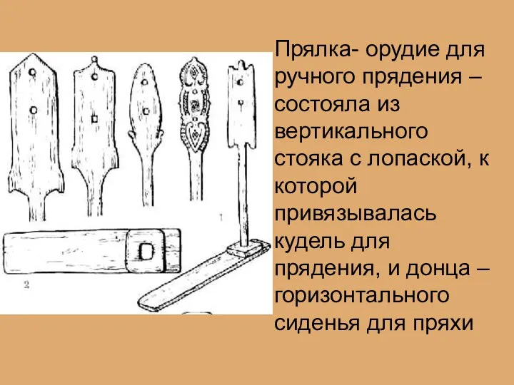 Прялка- орудие для ручного прядения – состояла из вертикального стояка