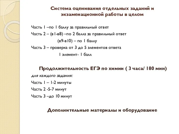 Система оценивания отдельных заданий и экзаменационной работы в целом Часть