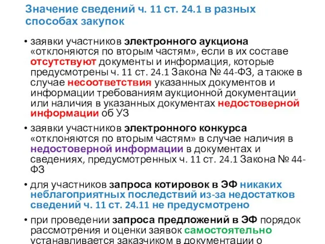 Значение сведений ч. 11 ст. 24.1 в разных способах закупок