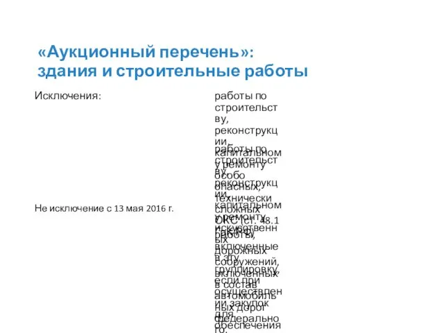 «Аукционный перечень»: здания и строительные работы Исключения: работы по строительству,