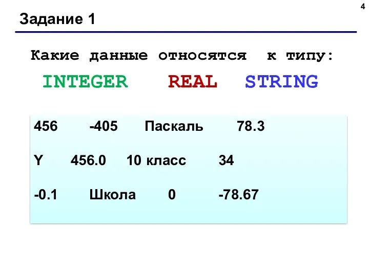 Задание 1 Какие данные относятся к типу: INTEGER REAL STRING