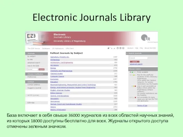 Electronic Journals Library База включает в себя свыше 36000 журналов