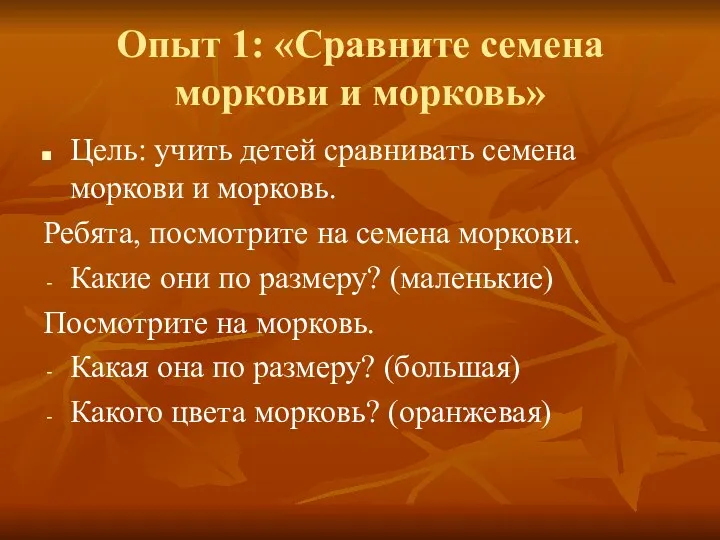 Опыт 1: «Сравните семена моркови и морковь» Цель: учить детей сравнивать семена моркови