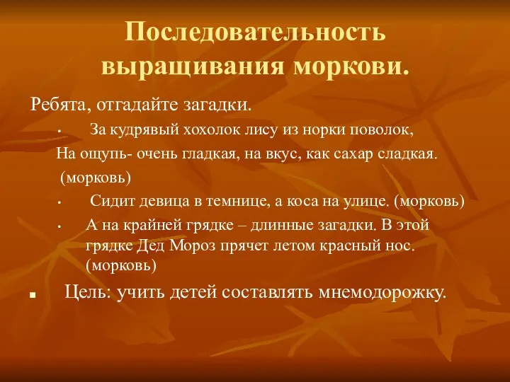 Последовательность выращивания моркови. Ребята, отгадайте загадки. За кудрявый хохолок лису из норки поволок,