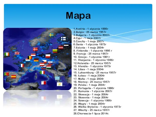 1.Austria - 1 stycznia 1995r 2.Belgia - 25 marca 1957r 3.Bułgaria - 1