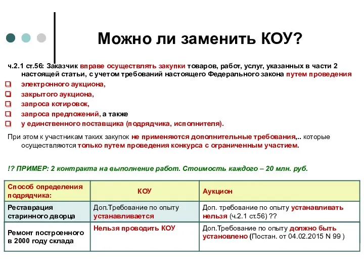 Можно ли заменить КОУ? ч.2.1 ст.56: Заказчик вправе осуществлять закупки