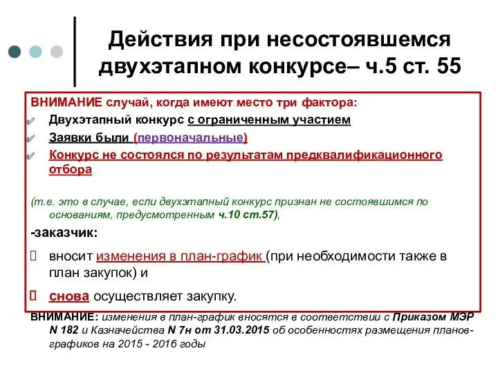 Действия при несостоявшемся двухэтапном конкурсе– ч.5 ст. 55 ВНИМАНИЕ случай,