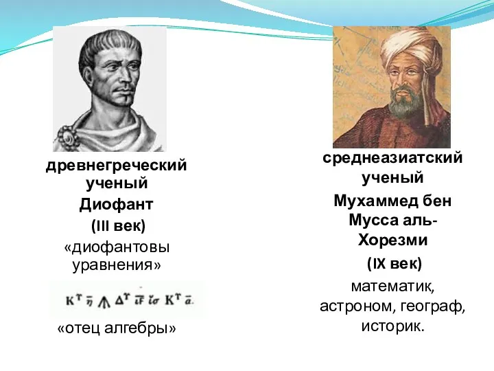 древнегреческий ученый Диофант (III век) «диофантовы уравнения» «отец алгебры» среднеазиатский ученый Мухаммед бен