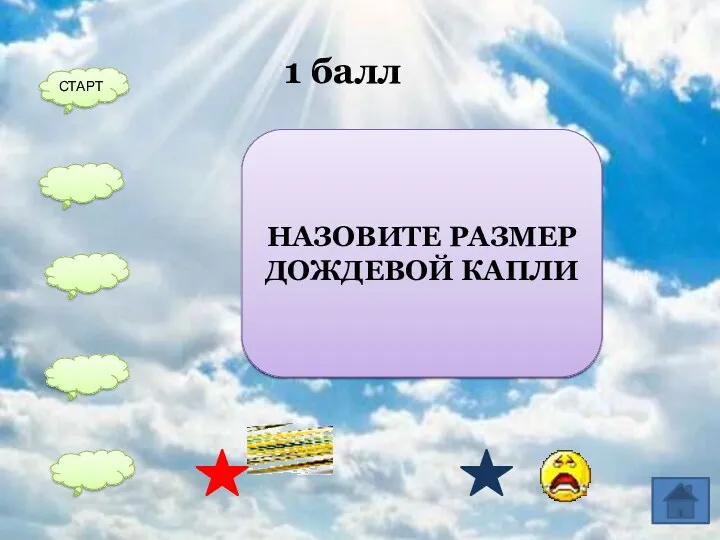 ОТ 0,1 ДО 7 ММ 1 балл СТАРТ НАЗОВИТЕ РАЗМЕР ДОЖДЕВОЙ КАПЛИ