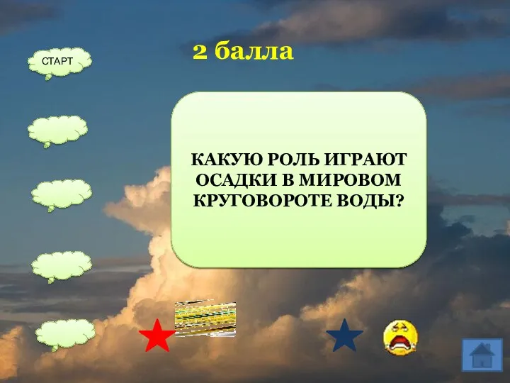 СВЯЗЬ МИРОВОГО ОКЕАНА С СУШЕЙ 2 балла СТАРТ КАКУЮ РОЛЬ ИГРАЮТ ОСАДКИ В МИРОВОМ КРУГОВОРОТЕ ВОДЫ?