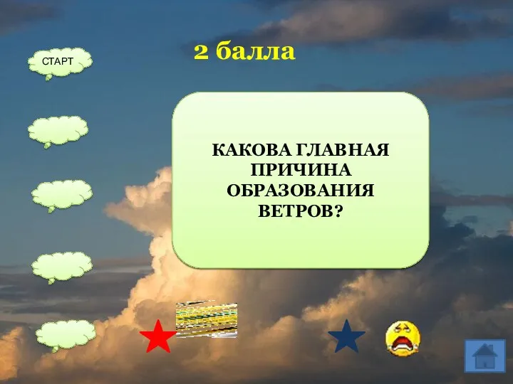 РАЗНИЦА В АТМОСФЕРНОМ ДАВЛЕНИИ 2 балла СТАРТ КАКОВА ГЛАВНАЯ ПРИЧИНА ОБРАЗОВАНИЯ ВЕТРОВ?