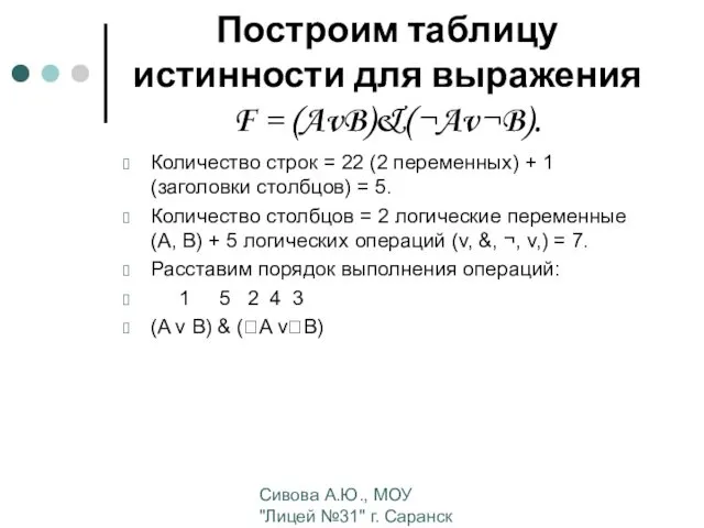 Сивова А.Ю., МОУ "Лицей №31" г. Саранск Построим таблицу истинности