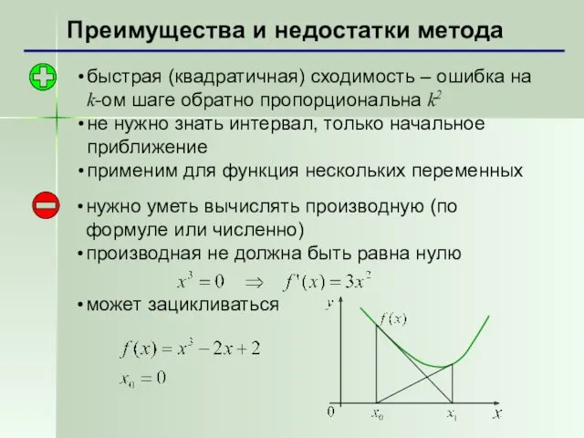 Преимущества и недостатки метода быстрая (квадратичная) сходимость – ошибка на