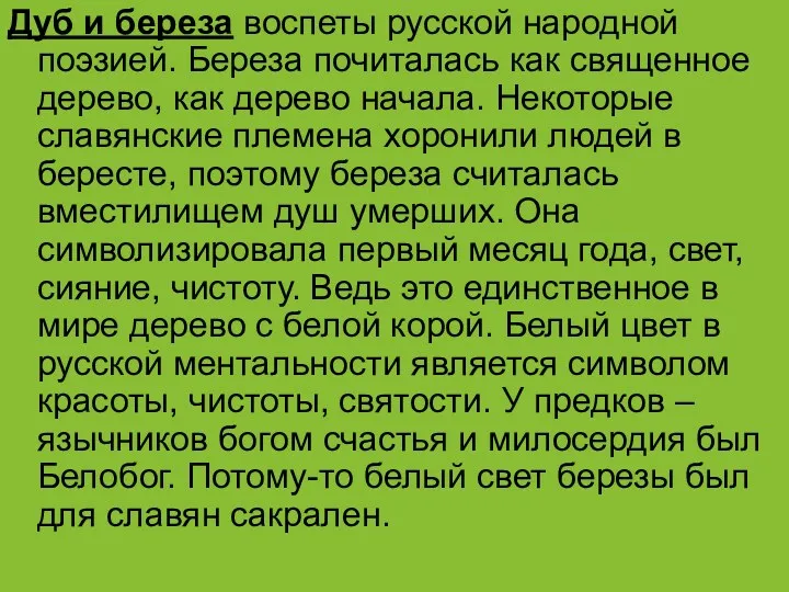 Дуб и береза воспеты русской народной поэзией. Береза почиталась как