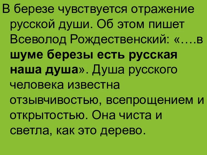 В березе чувствуется отражение русской души. Об этом пишет Всеволод