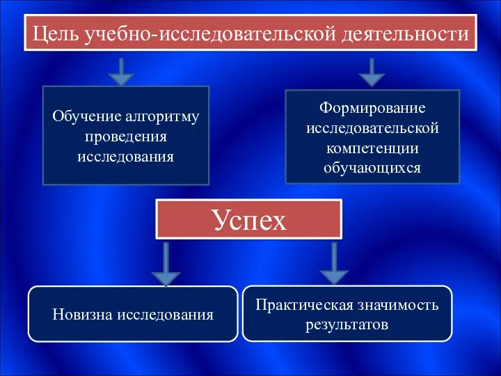 Цель учебно-исследовательской деятельности Обучение алгоритму проведения исследования Успех Новизна исследования