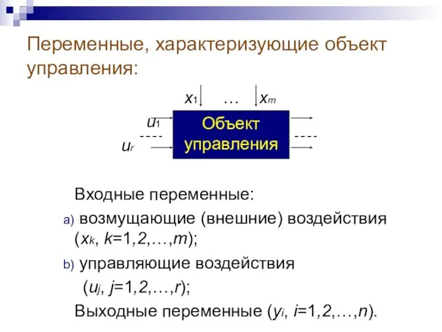 Переменные, характеризующие объект управления: x1 … xm u1 y1 ur