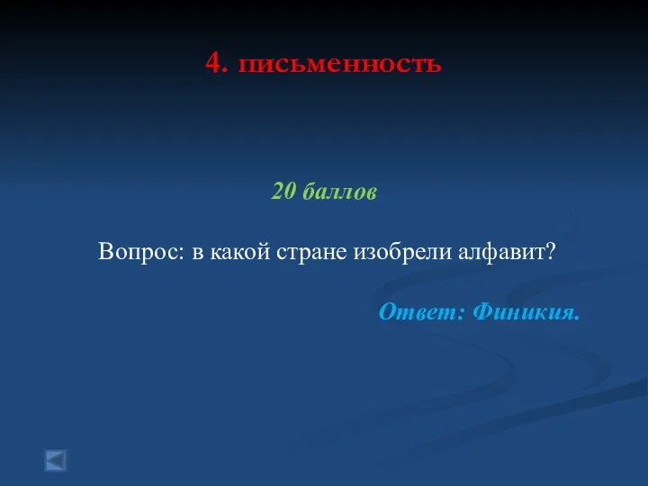 4. письменность 20 баллов Вопрос: в какой стране изобрели алфавит? Ответ: Финикия.