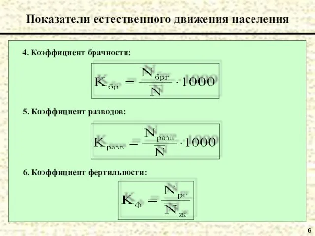 6 Показатели естественного движения населения 4. Коэффициент брачности: