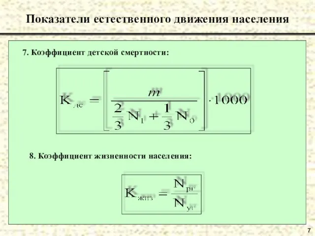 7 Показатели естественного движения населения 7. Коэффициент детской смертности: 8. Коэффициент жизненности населения: