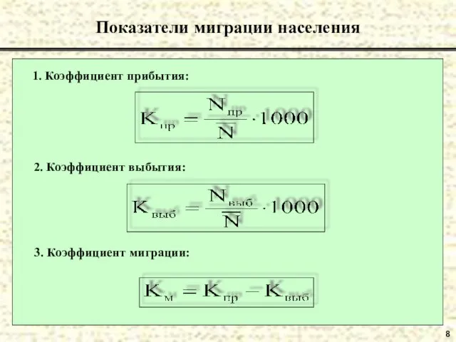 8 Показатели миграции населения 1. Коэффициент прибытия: 2. Коэффициент выбытия: 3. Коэффициент миграции: