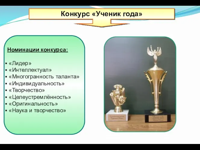 Номинации конкурса: «Лидер» «Интеллектуал» «Многогранность таланта» «Индивидуальность» «Творчество» «Целеустремлённость» «Оригинальность» «Наука и творчество» Конкурс «Ученик года»