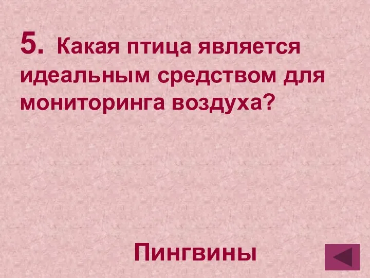 5. Какая птица является идеальным средством для мониторинга воздуха? Пингвины