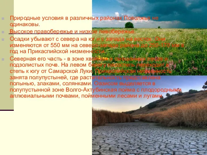 Природные условия в различных районах Поволжья не одинаковы. Высокое правобережье