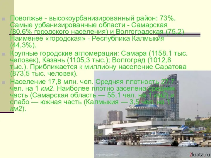 Поволжье - высокоурбанизированный район: 73%. Самые урбанизированные области - Самарская