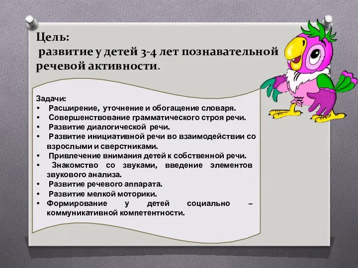 Цель: развитие у детей 3-4 лет познавательной речевой активности. Задачи: